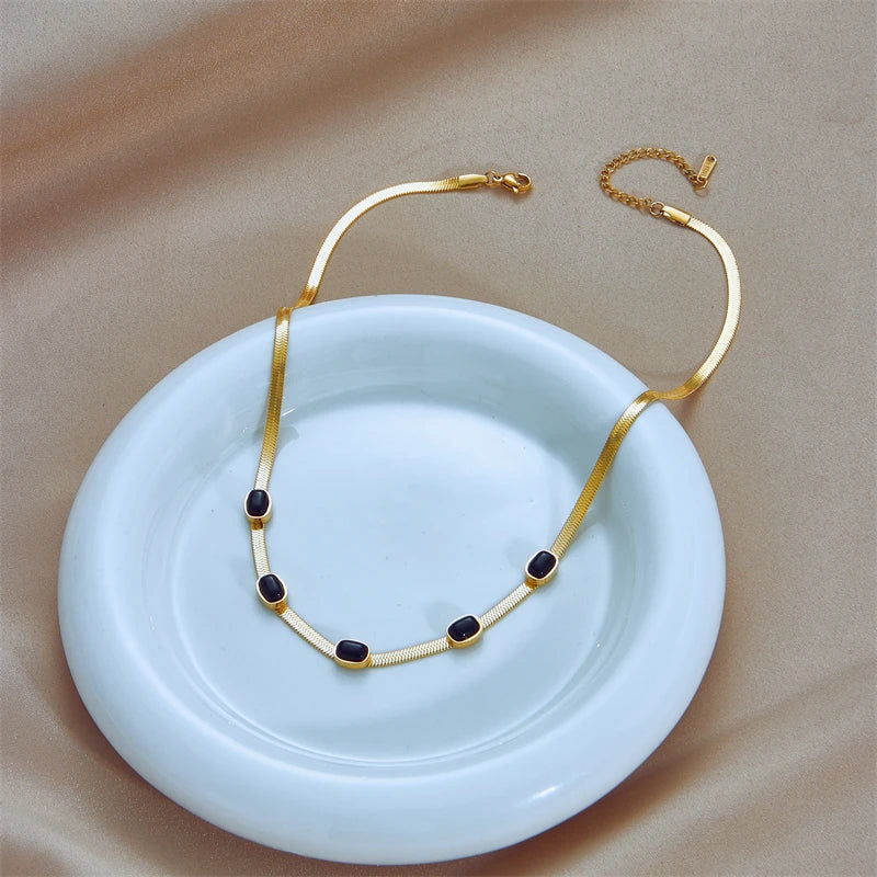 DIEYURO 316L Stainless Steel Oval Black Stone Necklace For Women New Trend Snake Chain Girls Chokers Jewelry Party Wedding Gifts