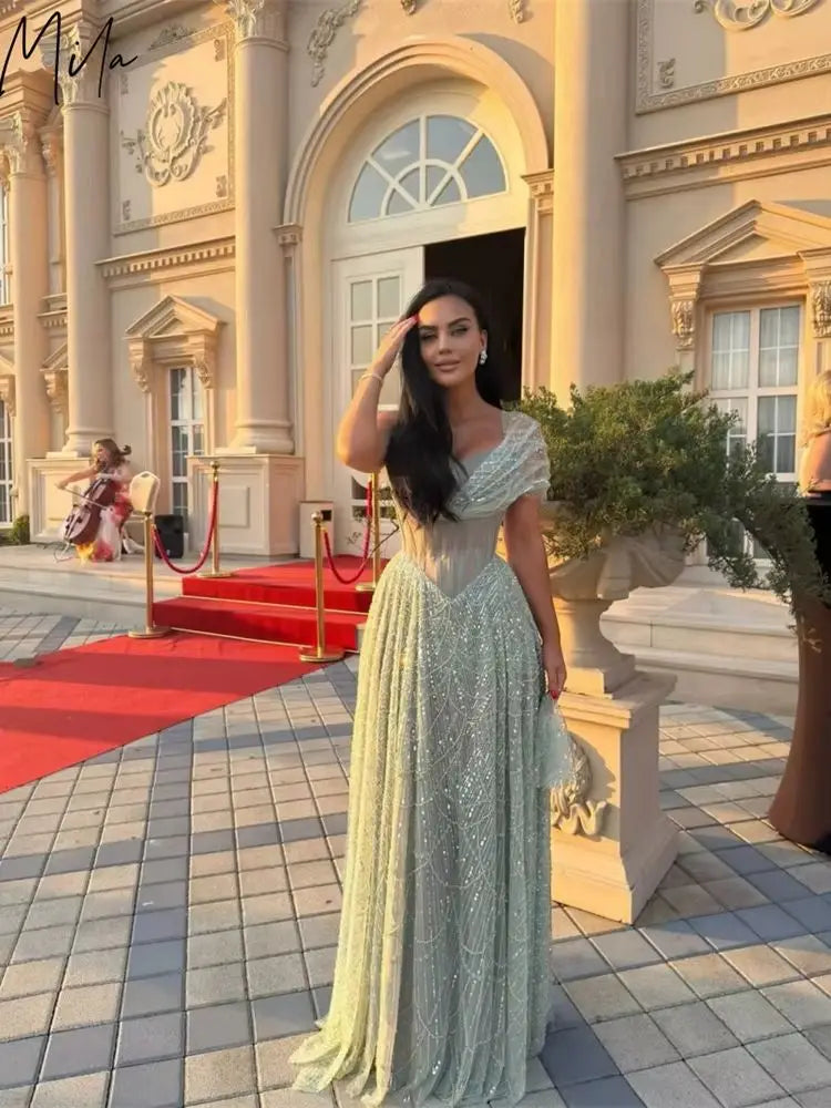 Mila Customized Sage Green A-line Beaded One Shoulder Prom Dress Elegant Pleats Formal Evening Floor-Length Vestidos De Fiesta