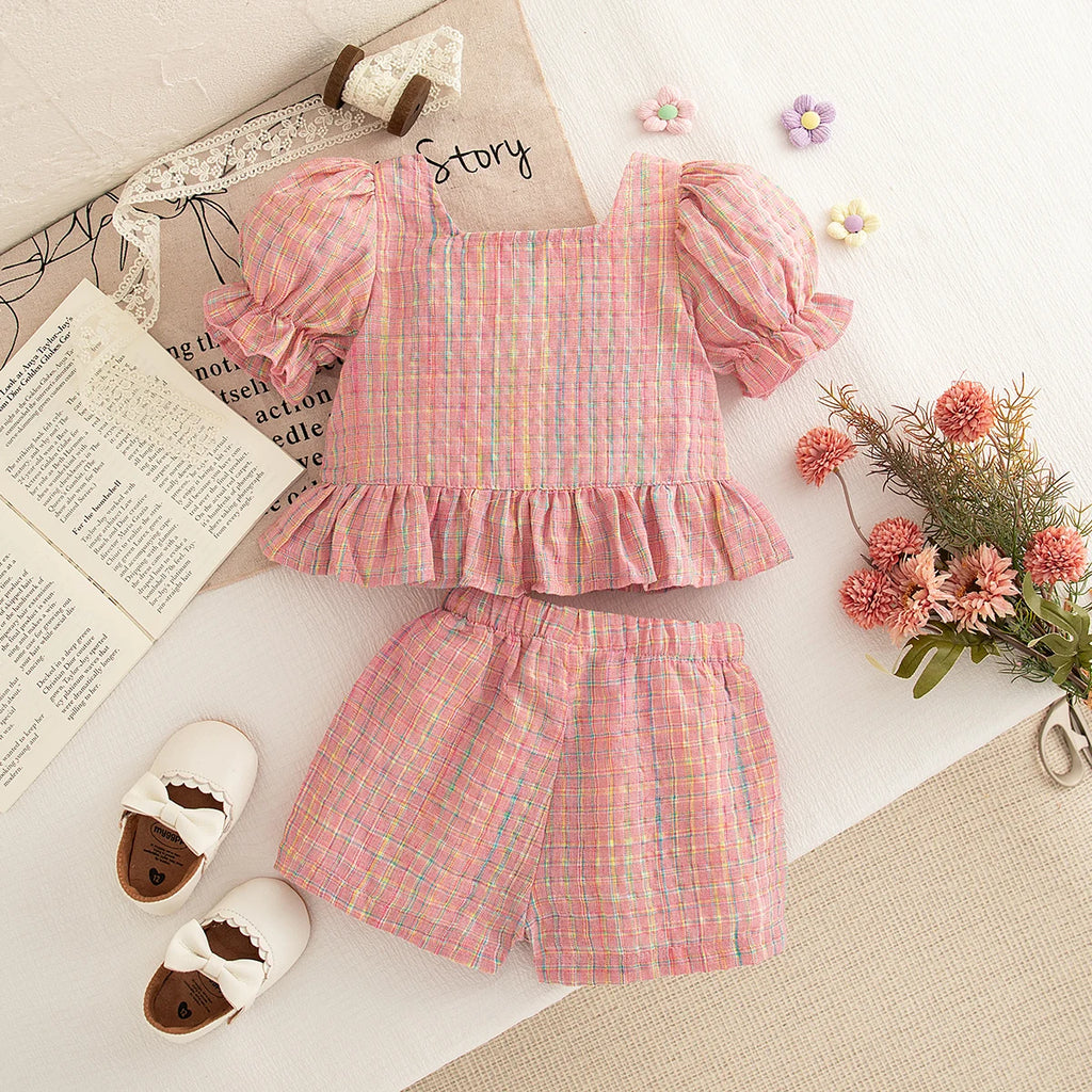 Girls Casual Clothes Outing Summer Baby Girl Colorful Plaid Cotton Set Short Sleeved Tops with Shorts 2 Pieces