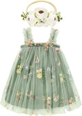 Baby Girl Sleeveless 3D Butterfly Floral Embroidery Ruffle Tulle Dress Toddler Birthday Party Tulle Dress with Headband