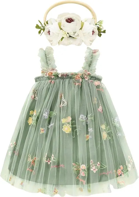 Baby Girl Sleeveless 3D Butterfly Floral Embroidery Ruffle Tulle Dress Toddler Birthday Party Tulle Dress with Headband