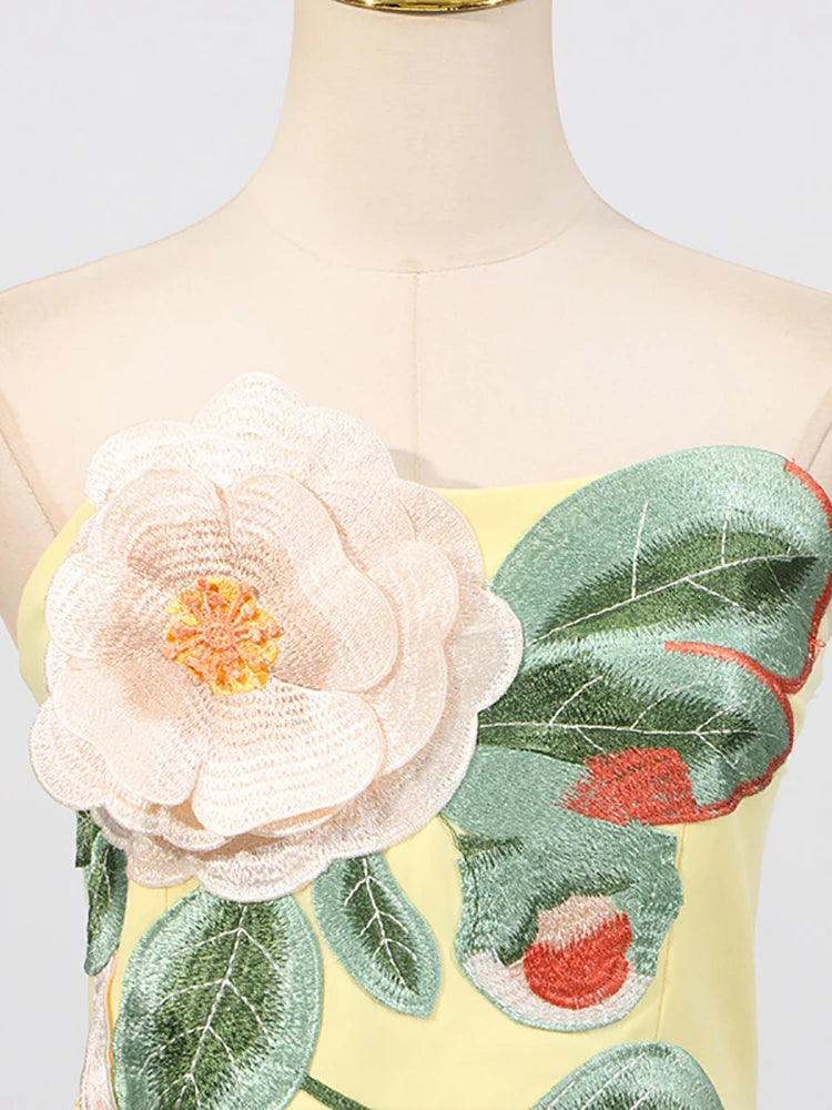 Sexy Strapless Embroidered Flower Mini Dress Women Yellow Sleeveless Backless Floral A-line Dresses Evening Party Cocktail Gowns