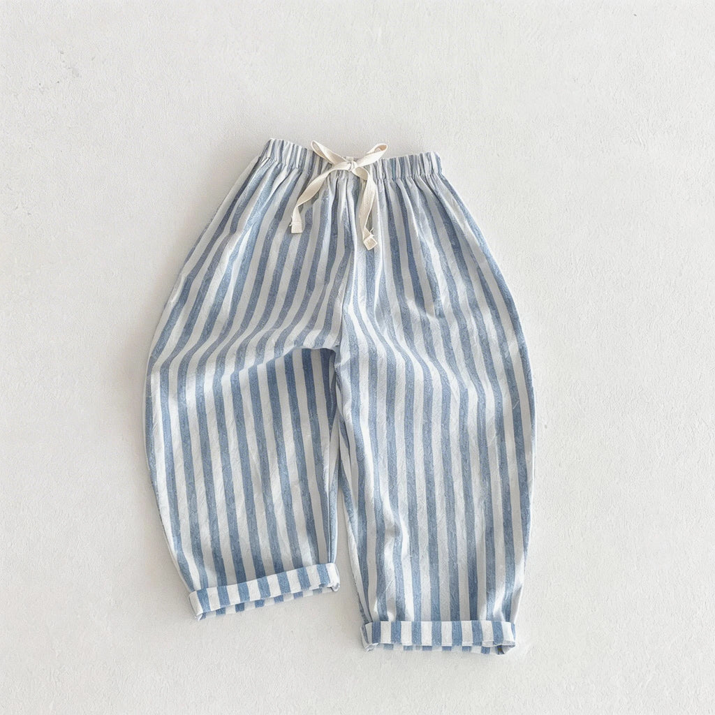 Vintage Linen Cotton Stripe Pants for Boys Casual Pocket Design Elastics Waist Pants for Toddler Girl Clothing Children Trousers