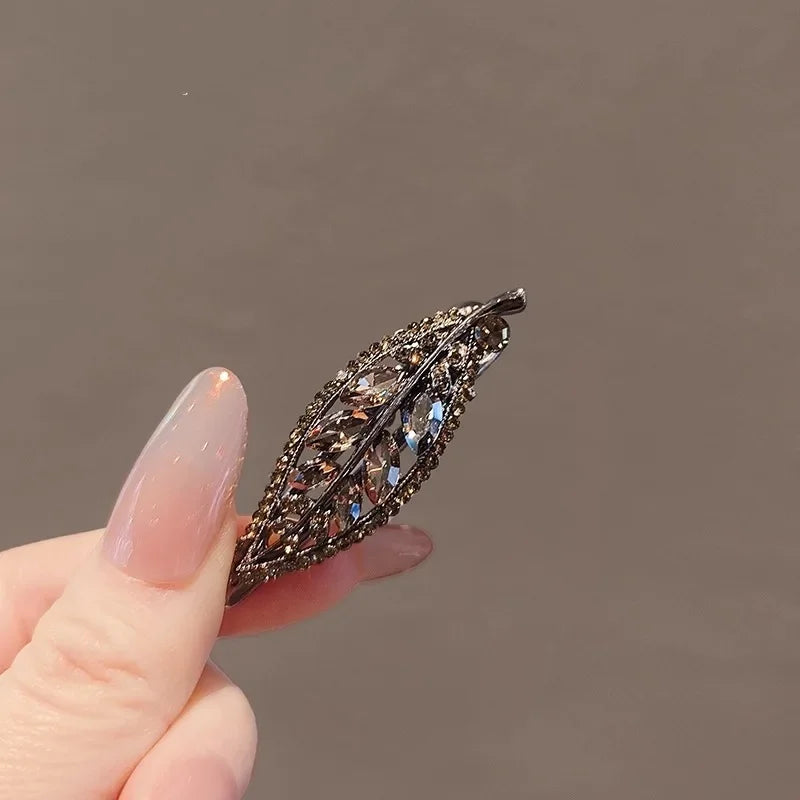 Exquisite Hollow Leaf Rhinestone Hairpin High-end Women's Side Clip Metal Duckbill Clip Simple Korean Style Hair Accessories
