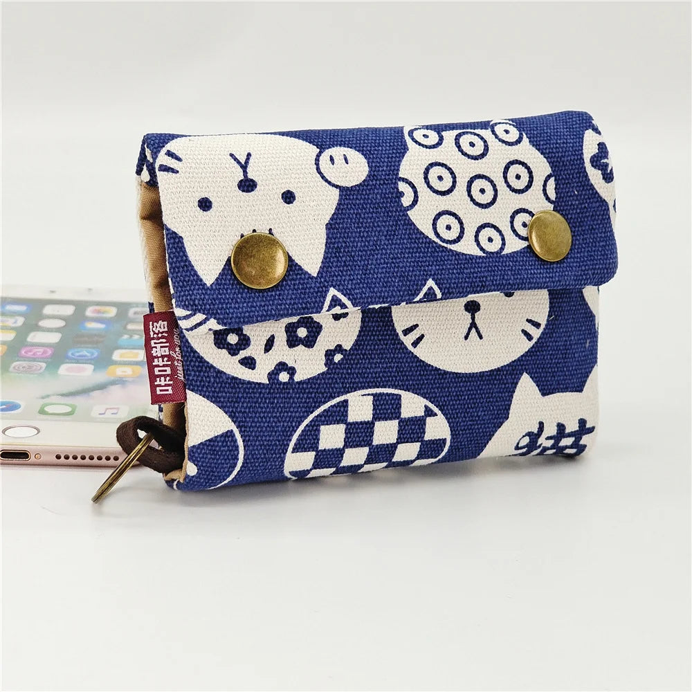 Handmade Three Fold Fabric Wallet Women Men Simple Short Zipper Purses for Teens Personality Multi-function Key Bag Card Holder