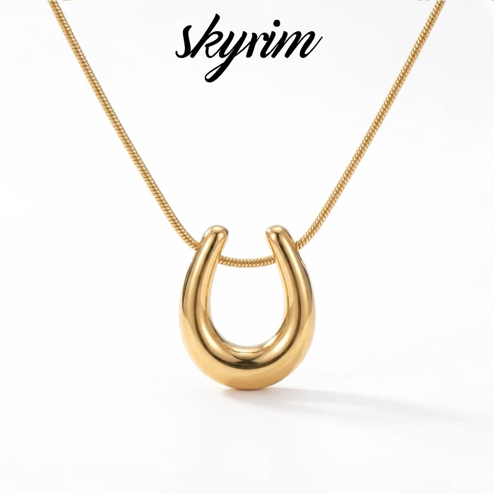 Skyrim Lucky Horseshoe U Shape Pendant Necklace Women Stainless Steel Gold Color Snake Chain Fashion Minimalist Jewelry Gift