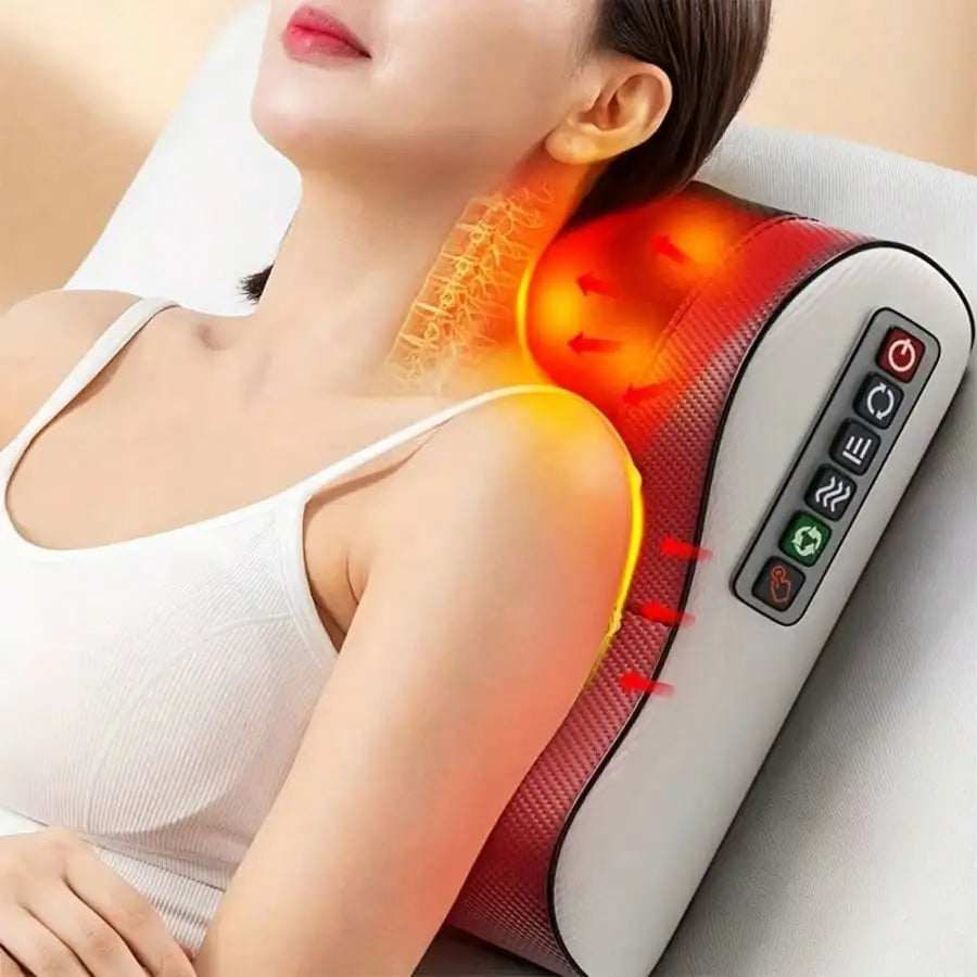 A Neck Massage Pillow with Heating Function, Equipped with Multiple Kneading Heads Specifically for the Neck, a Six-Button Control Panel, and Suitable for Various Body Parts Including the Neck, Shoulders, Waist, Back, and Leg