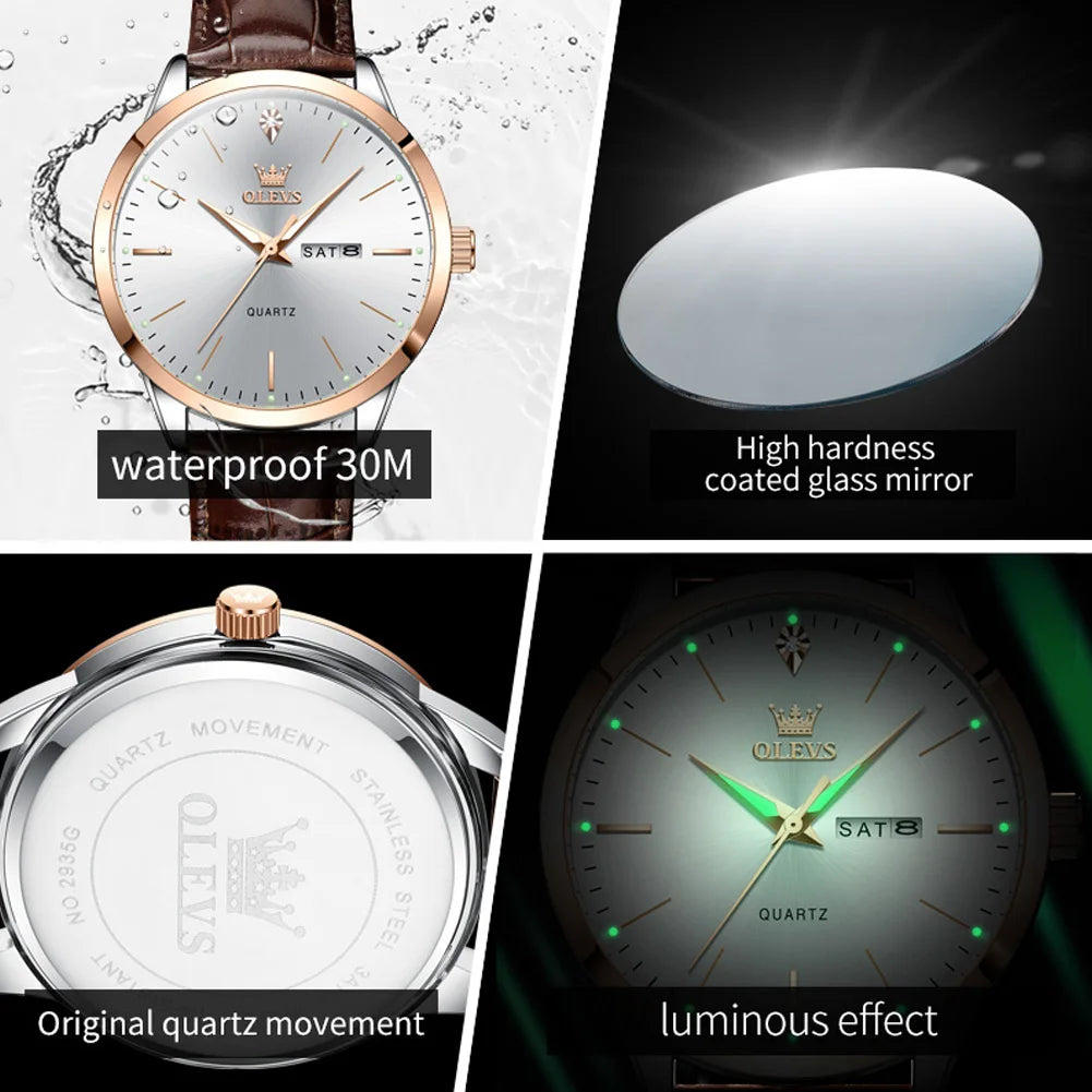 OLEVS 2935 Fashion Business Brand Men Watches Leather Strap Trend Week Calendar Quartz Watch Luminous Waterproof 43mm Dial