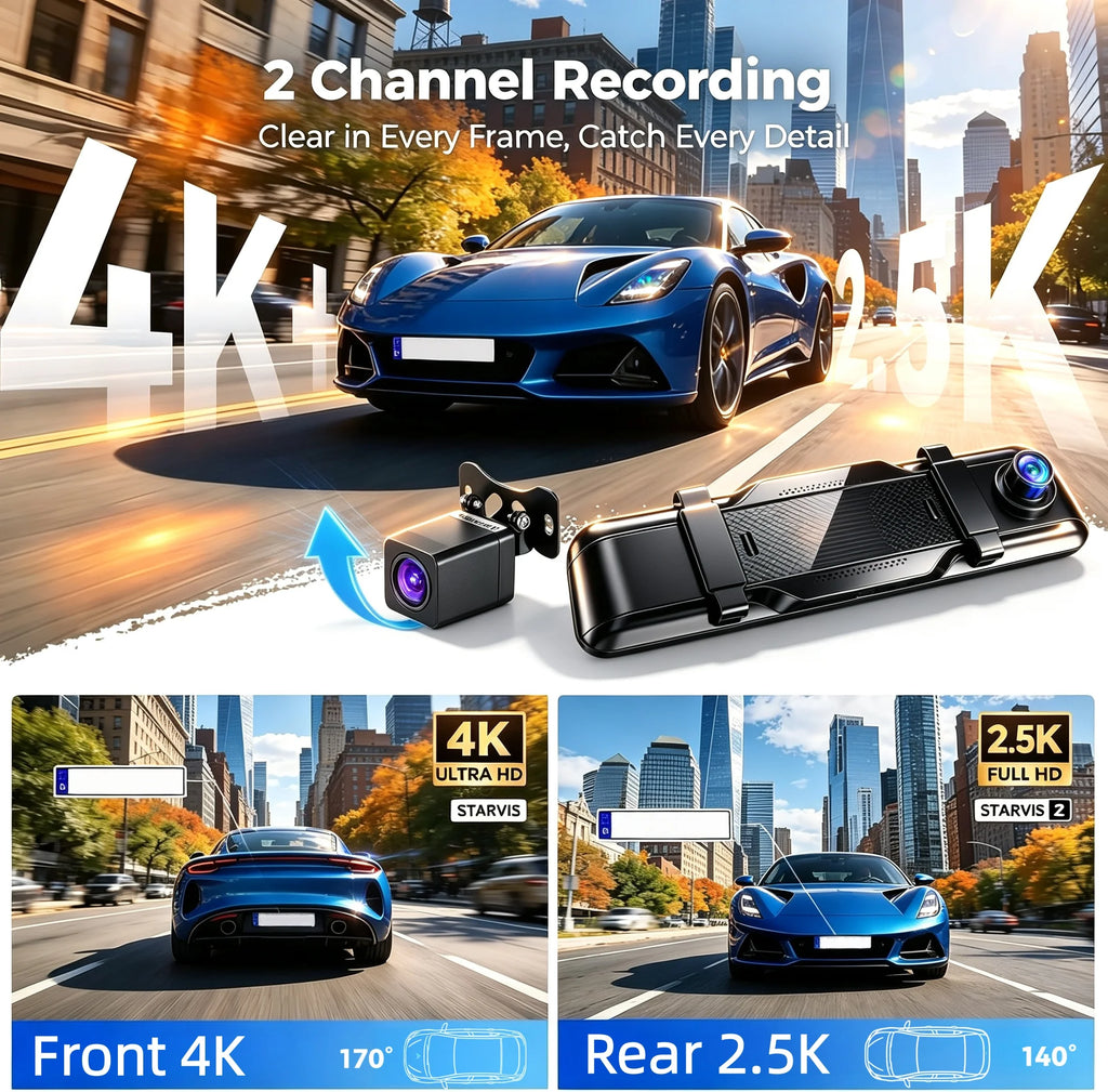 4K+2.5K Mirror Dash Cam with Front IMX678 & Rear, 10" Rear View Mirror Camera, 170° Wide-Angle, Reversing Aid, G-sensor, Looped Recording, Night Vision, 5.8GHz WiFi, External GPS, ADAS & BSD & LCA, 64G TF Card, X10 Pro Max