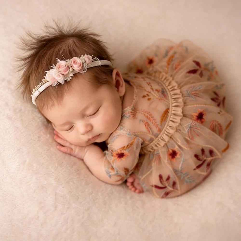 Newborn Girl Photography Dress Embroidered Floral Tulle Outfit Newborn Photo Shoot Dress Boho Newborn Photoshoot Outfits