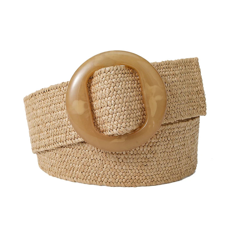 Beltox Women Straw Woven Elastic Wide Belt Solid Color with Matching Plastic Buckle