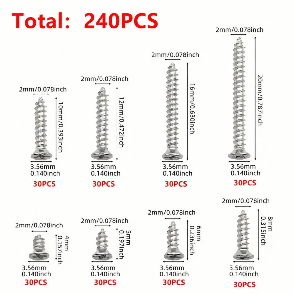 240-Piece Self-Tapping Wood Screw Set Box 8 Sizes M2 Flat Metal Screws Classification Kit for Home Improvement