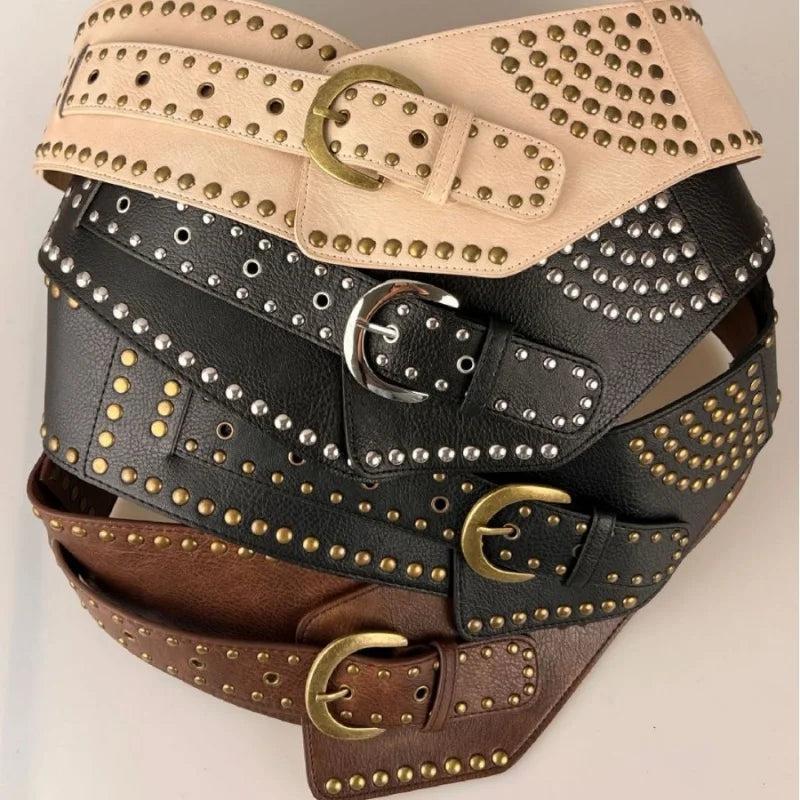 Y2K Harajuku High Street Personality Rivet Decoration Wide Belts For Women Vintage Punk Spice Girl Waistband Cinturones De Mujer