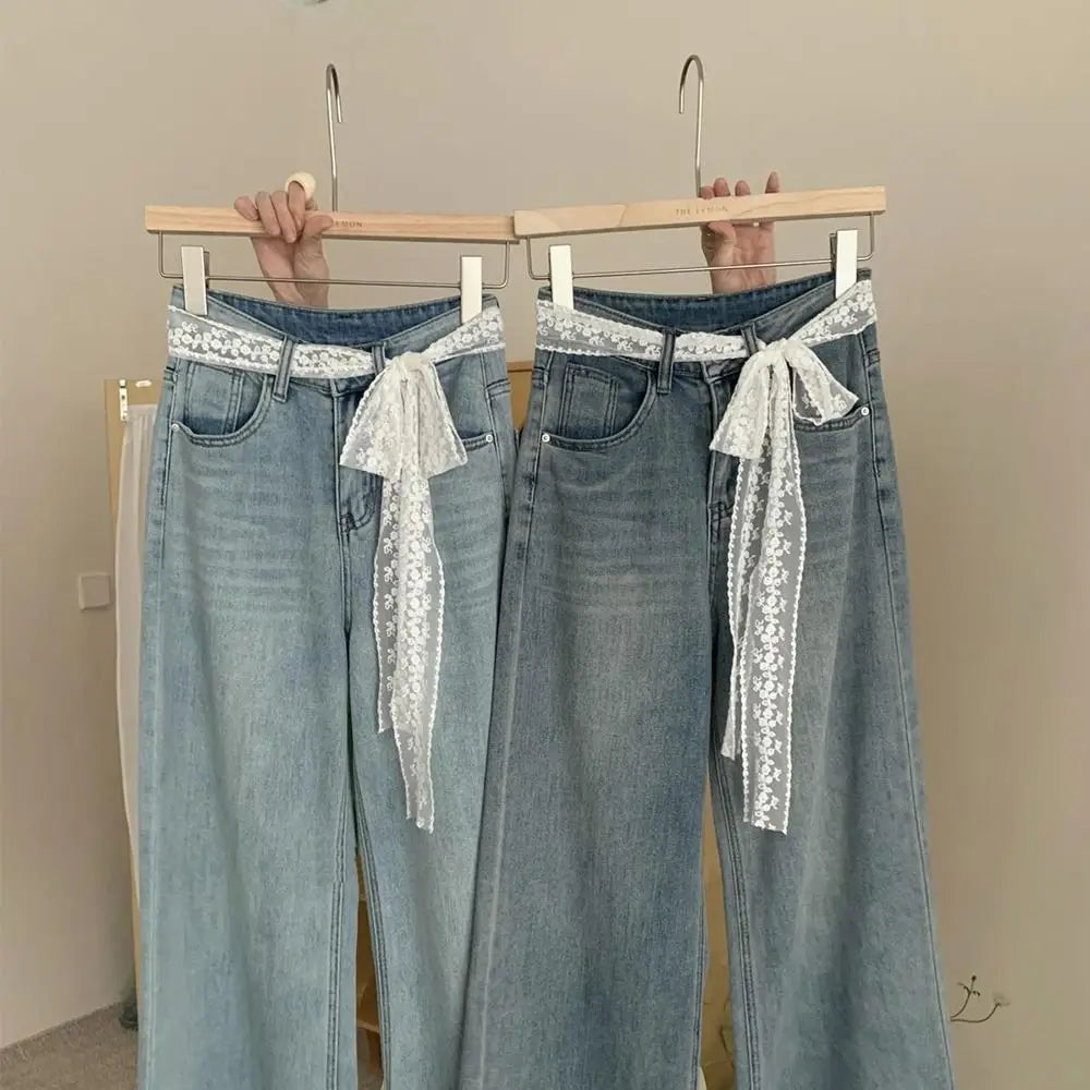 Unique Y2k Long Lace Waistband Bow Thin Lace Waist Belt Tie Up Floral Dress Jeans Belt Summer