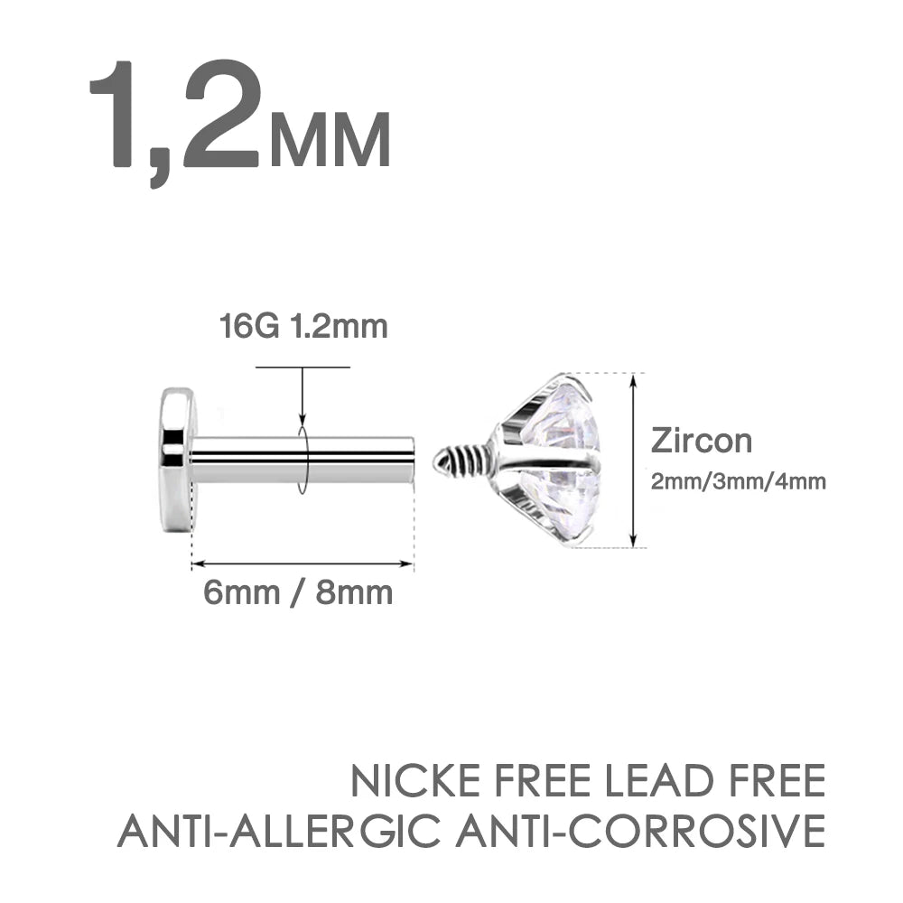Surgical Steel CZ Flat Back Labret Stud 16G 6mm 8mm Internally Threaded for Cartilage Helix Tragus Lip Hypoallergenic Piercing