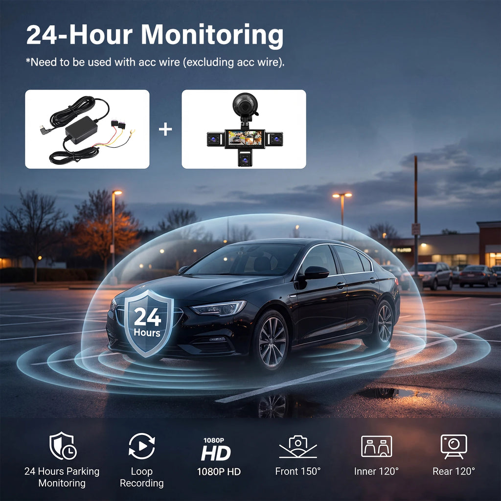 Podofo 1080P Car Video Recorder Black Box 5 Lens Car Dash Cam Hardwire Kit Car Accessories Including 480P Left Interior, Right Interior, And Rear View Cameras Driving Recorder