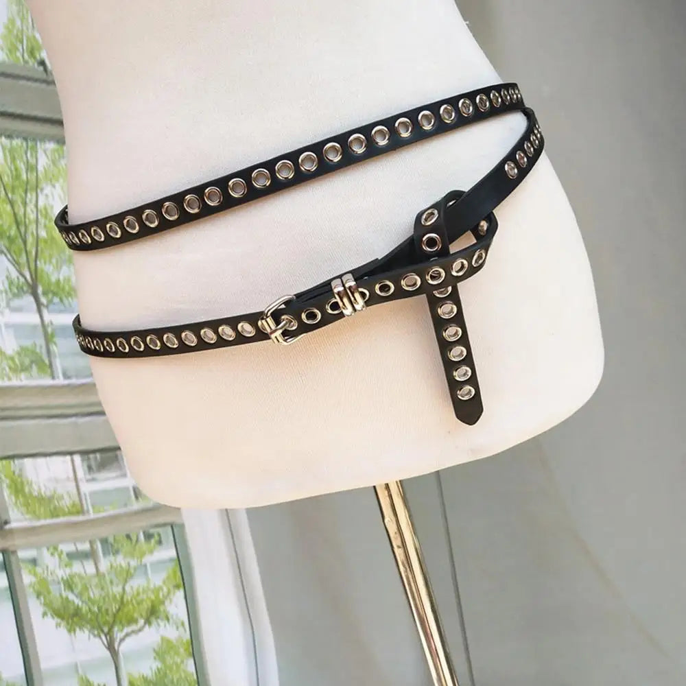Rivet Eyelet DIY Wear PU Leather Waist Belt Double Circle Waist Chain Knotted Extra Long Thin Waistband Double Layer Hole Belt