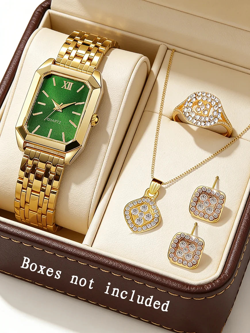 Casual Fashion Square Quartz Watch And Hollow Jewelry Set wi Steel Strap Birthday Gift No Box