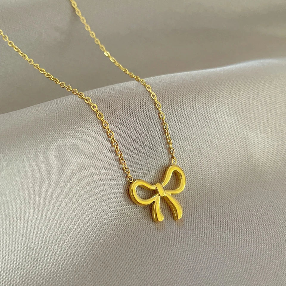 Yupsk Simple Korean Fashion Stainless Steel Bowknot Necklace for Women Delicate Bow Tie Charm Choker Necklaces Girls Gift
