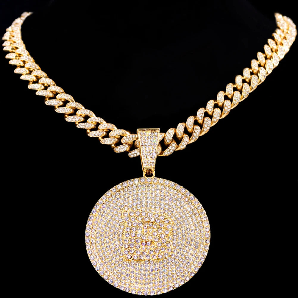 New Bling A-Z Letters Pendant Necklace for Men Women Crystal Miami Cuban Link Chain Round Initials Necklace Fashion Jewelry