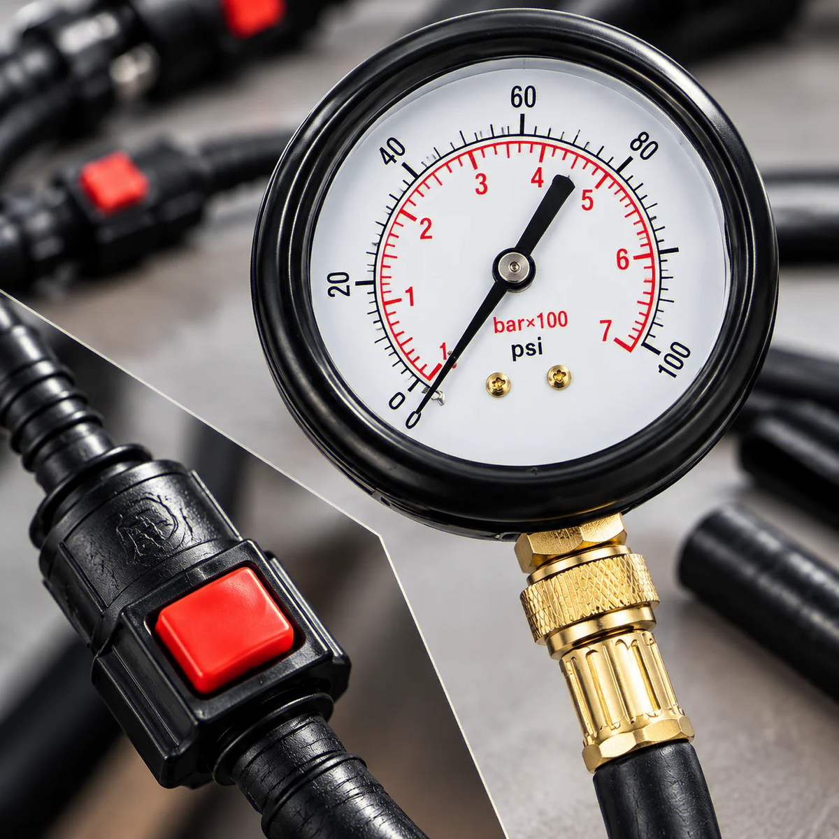 HTMCK Auto & Motorcycle Pressure Test Gauge Kit 0-100PSI with Valve, 63mm Dial, 789mm 949mm Hoses, Vehicle Maintenance Measuring