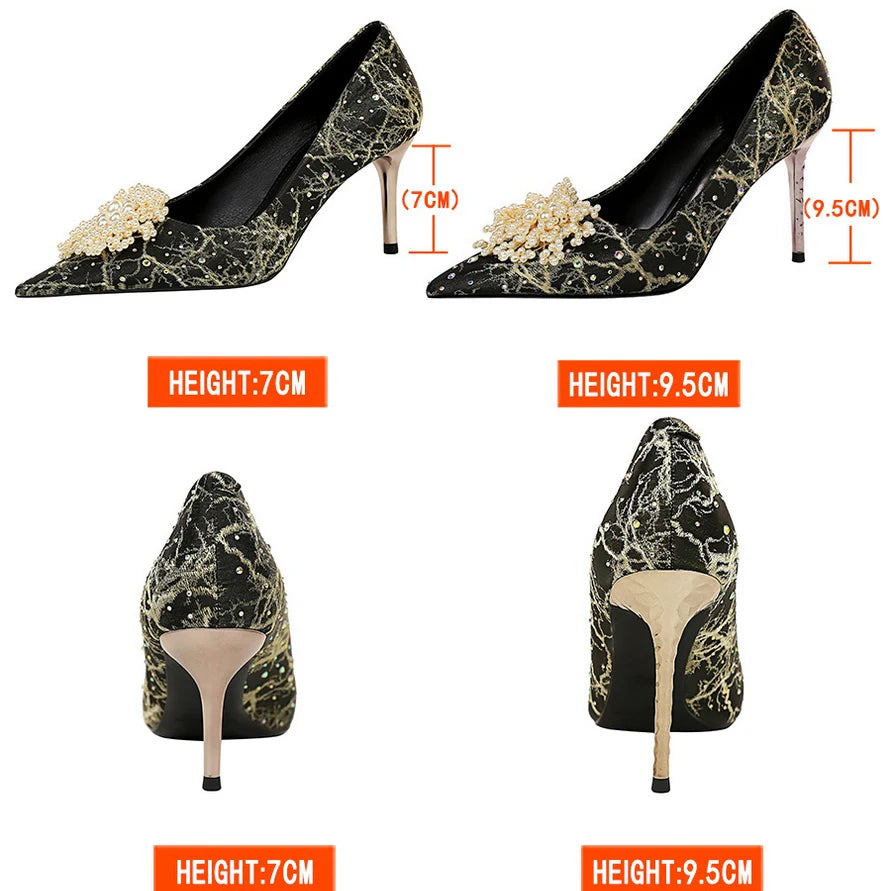 BIGTREE Shoes Pearl Flowers Woman Pumps Rhinestone High Heels 2026 New Luxurious Women Heels Stiletto Large Size Ladies Pumps