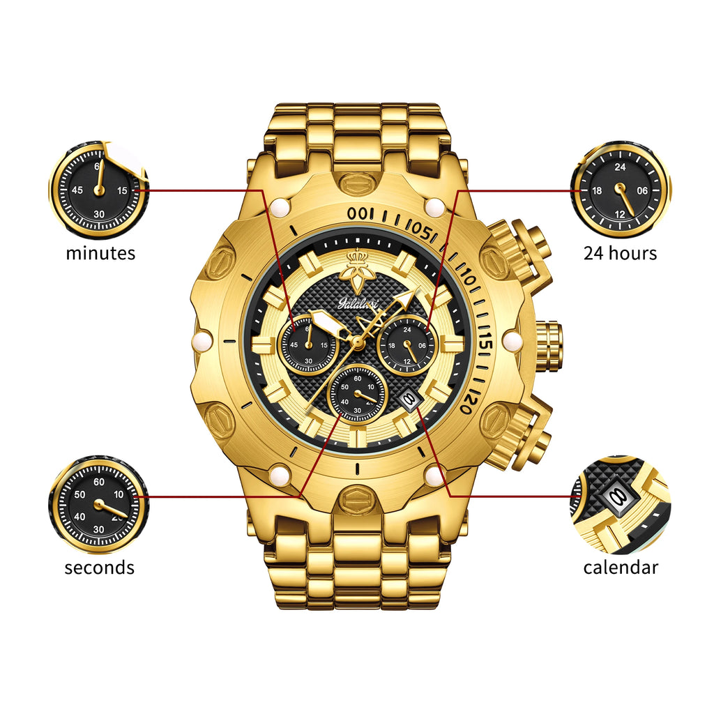 YaLaLuSi Men Gold Watch Multi Chronograph 3 Subdials Heavy Duty  Bracelet Luminous Dial Sport Quartz Wristwatch Male Gift Clock
