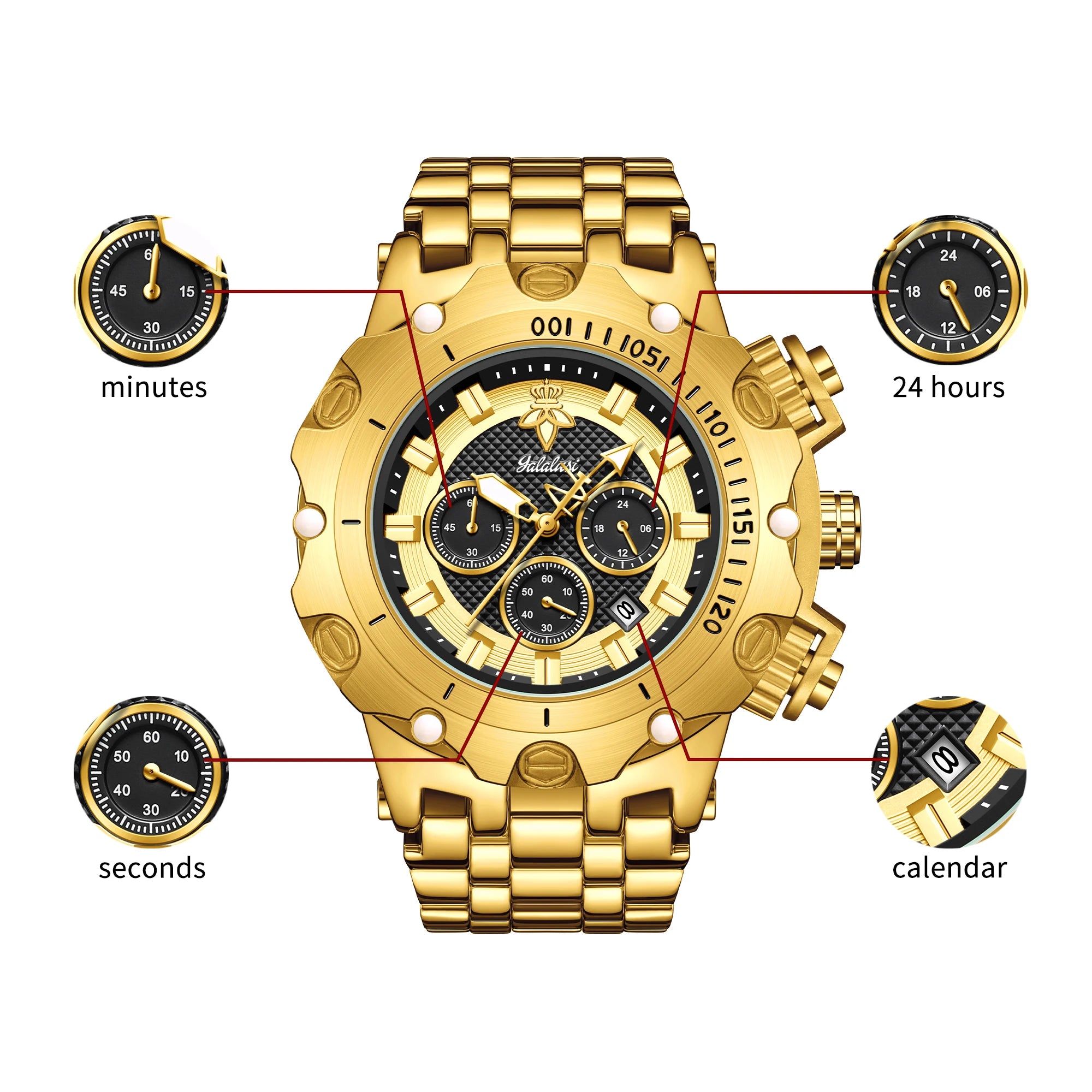 YaLaLuSi Men Gold Watch Multi Chronograph 3 Subdials Heavy Duty  Bracelet Luminous Dial Sport Quartz Wristwatch Male Gift Clock
