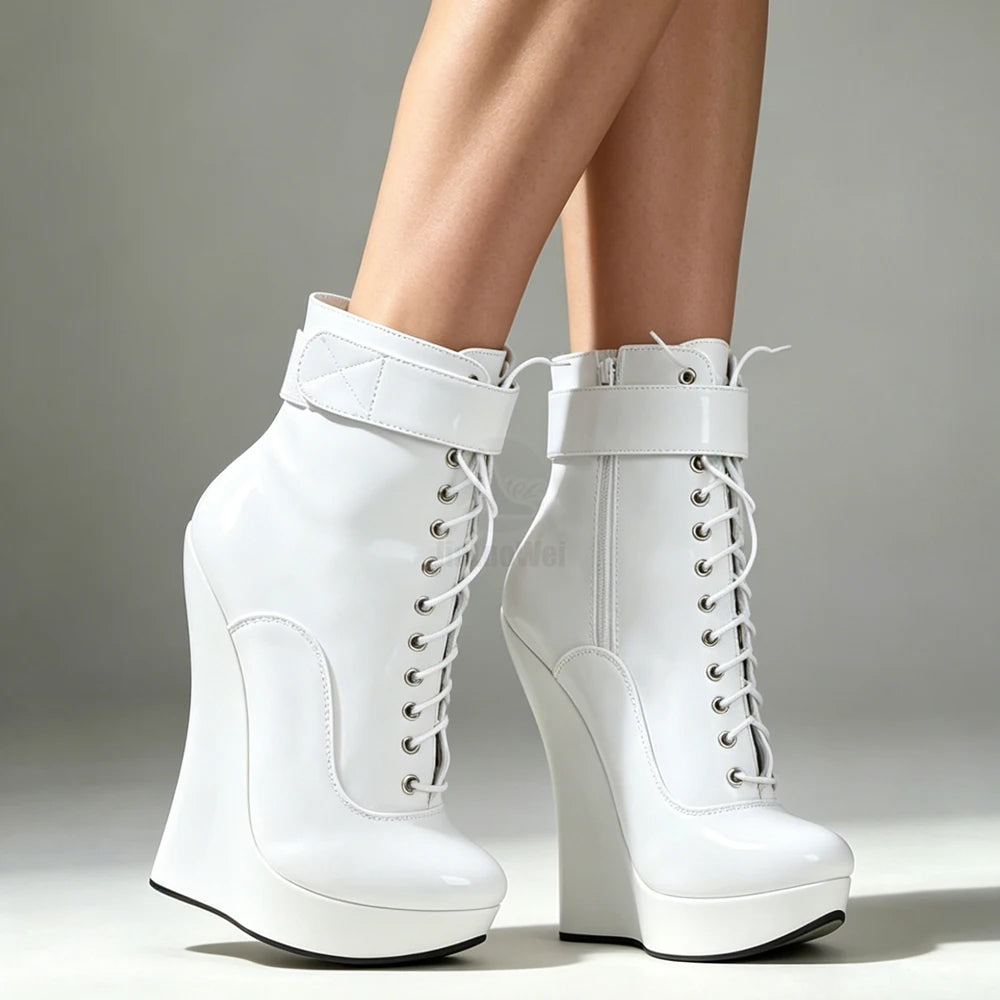 jialuowei Women Sexy Fetish Super High 18cm Super Wedge Heel Pointed Toe Zipper Cross-tied Ankle BALLET Boots Plus Size