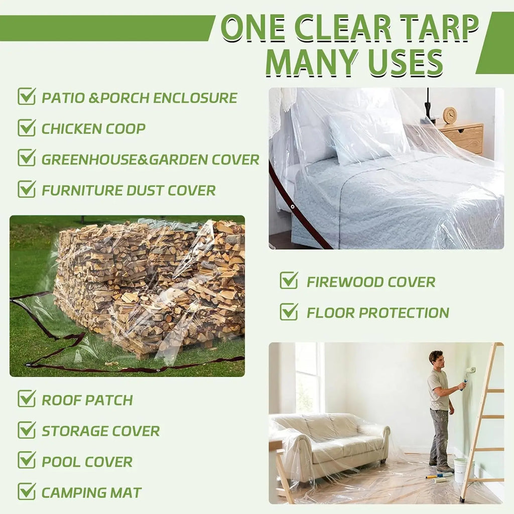 2x4m/2m Clear Waterproof Tarp Transparent Poly Tarpaulin Anti Tear Cover with Rustproof Grommets for Patio Garden Chicken Coop