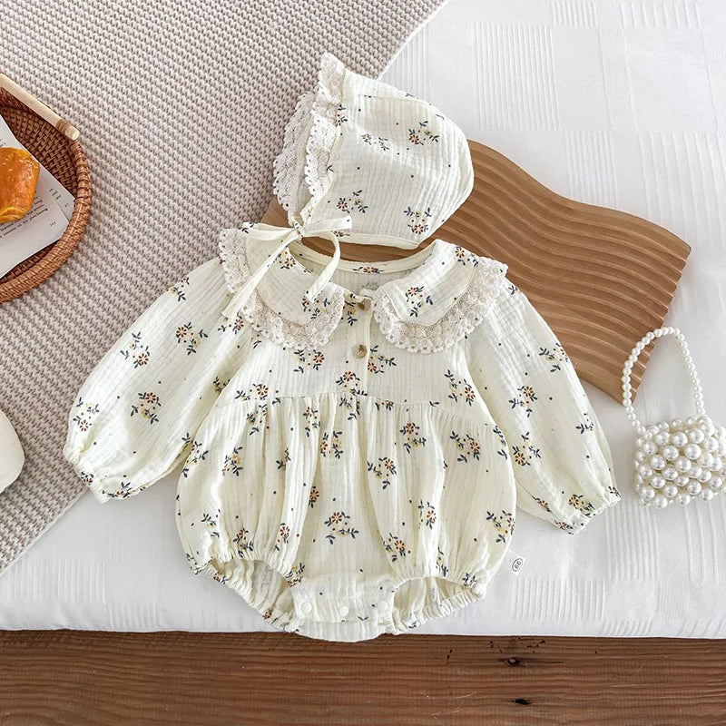 2025 Spring Newborn Infant Baby Girls Romper+Hat 2PCS Lapel Floral Rompers Kids Fashion Baby Clothing Newborn Baby Girl Jumpsuit