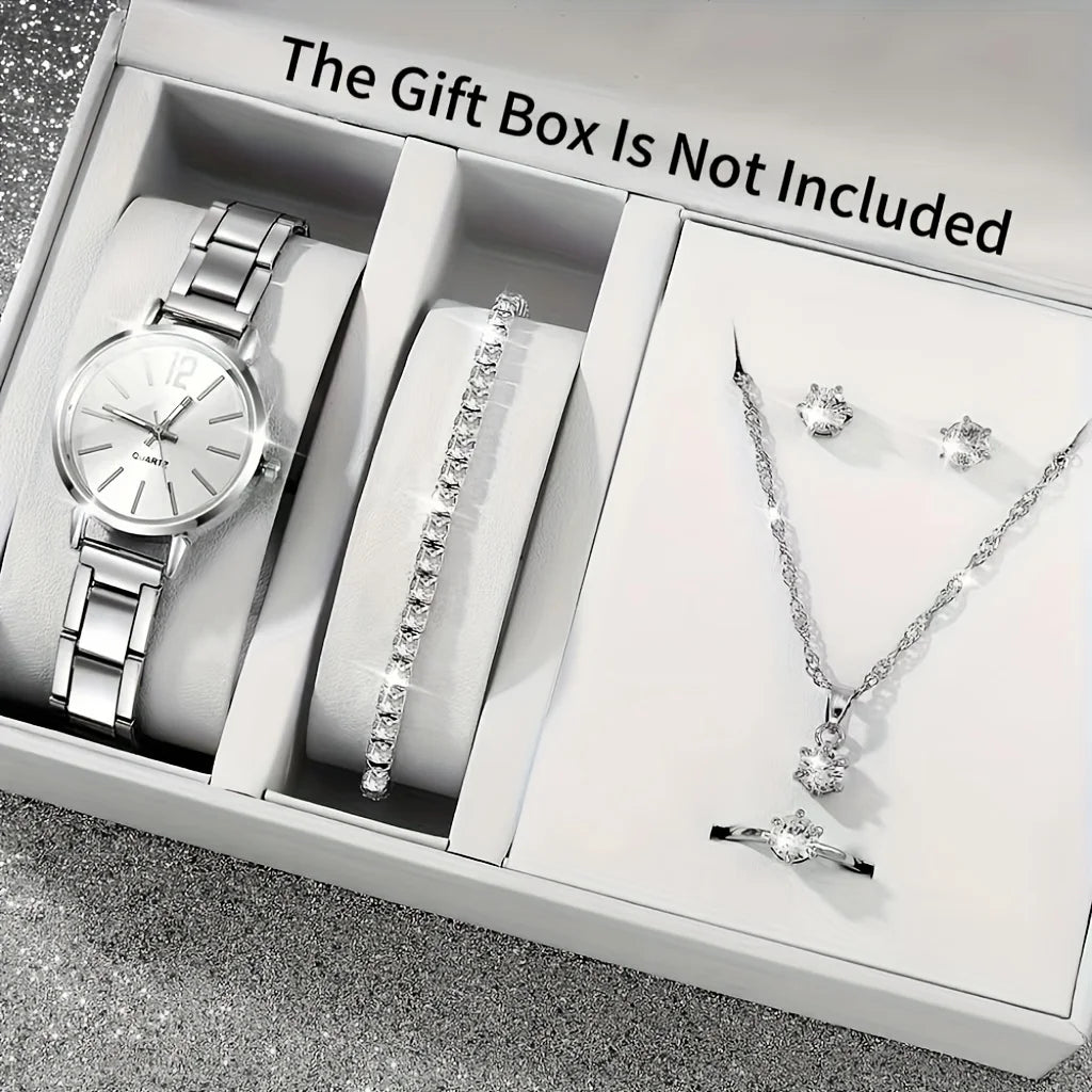 6pcs new luxury ladies' steel strap quartz watch+hot selling gorgeous diamond jewelry set