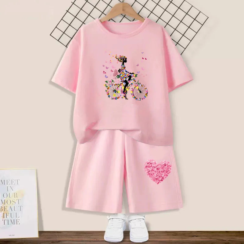 2024 Summer Girls Cotton Clothing Sets Kids Cute Cartoon Butterfly High Heel T-shirt +Shorts 2Pce Suits Childrens Tracksuits
