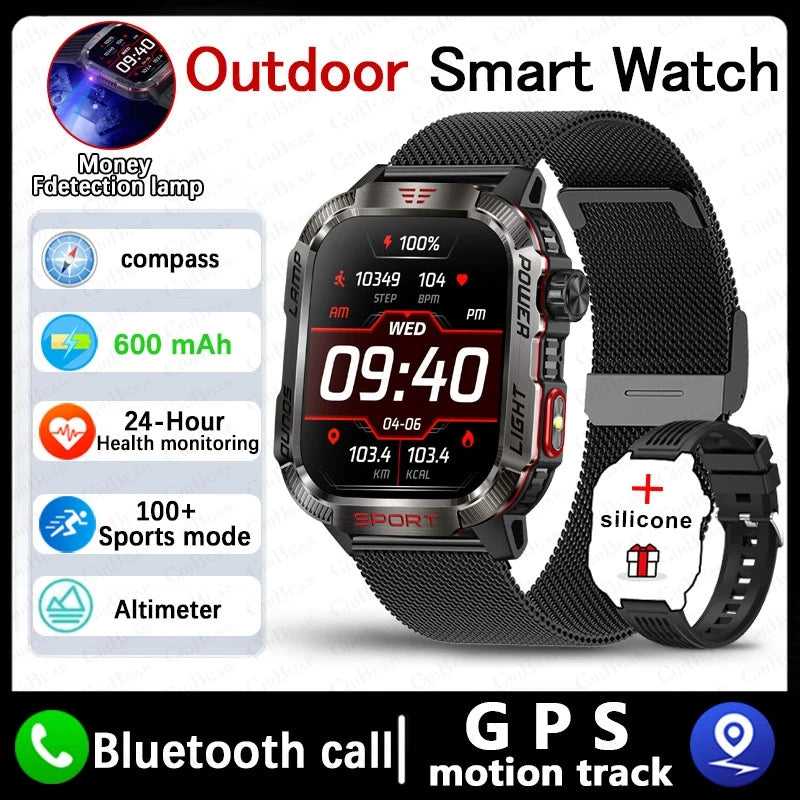 New Military Outdoor Smartwatch Men GPS Compass 600mAh BT Call 2.01" Screen Sports LED Flashlight 5ATM Waterproof Smart Watch