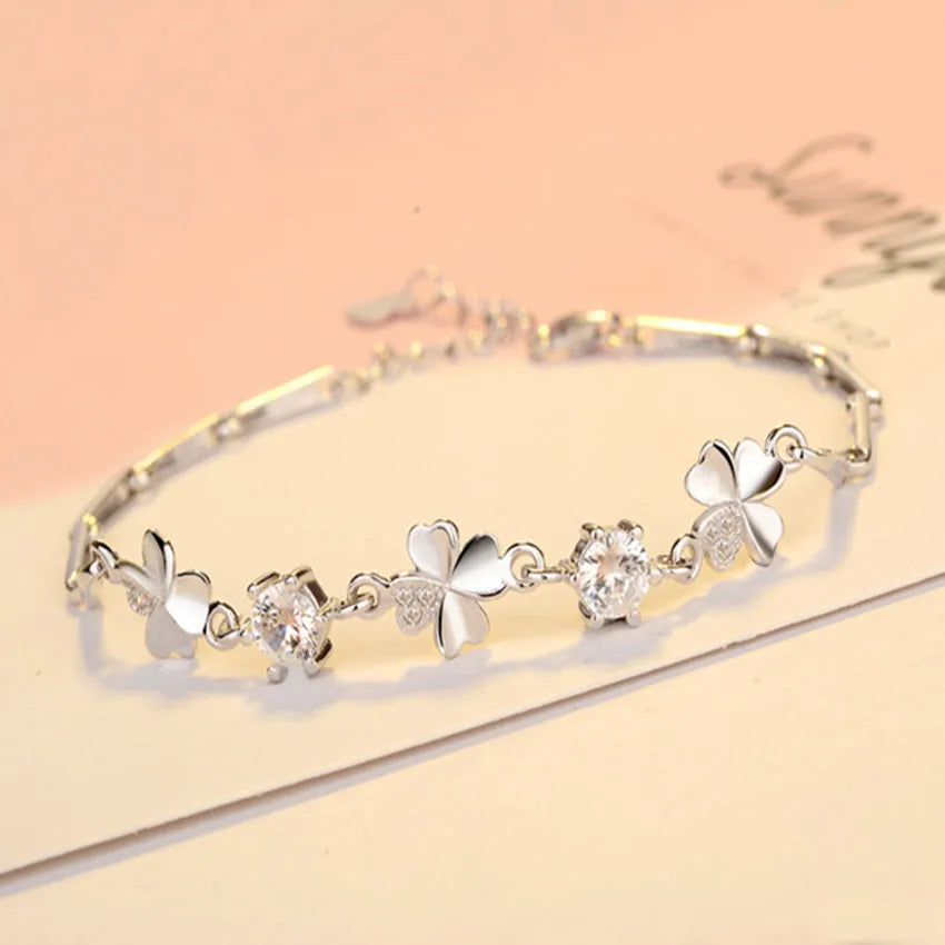 925 Sterling Silver Zircon Lucky Clover Shaped Bracelet Crystals Chain For Women Valentines Gift Wedding Party Cute Jewelry 20cm