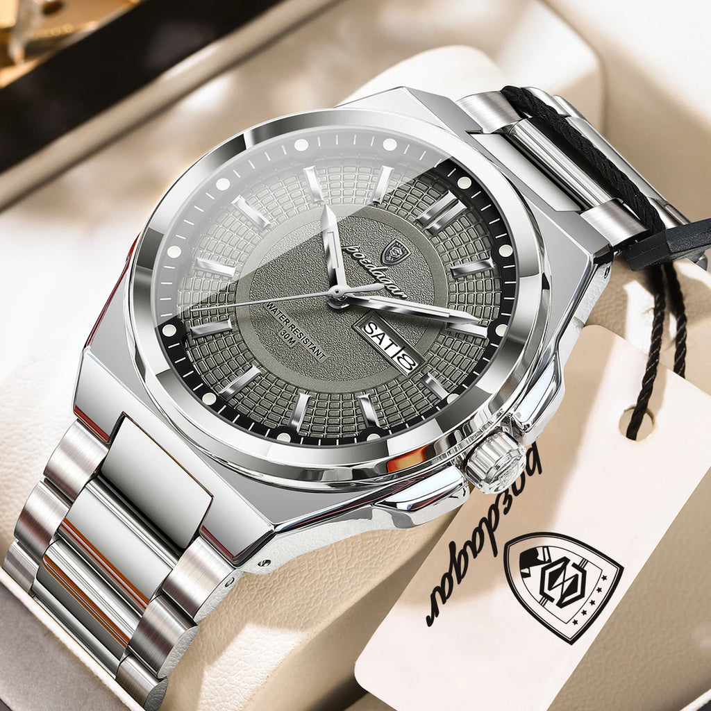POEDAGAR Top Business Men Wristwatch Stainless Steel Waterproof Luminous Casual Man Watch Date Week Stylish Men's Quartz Watches