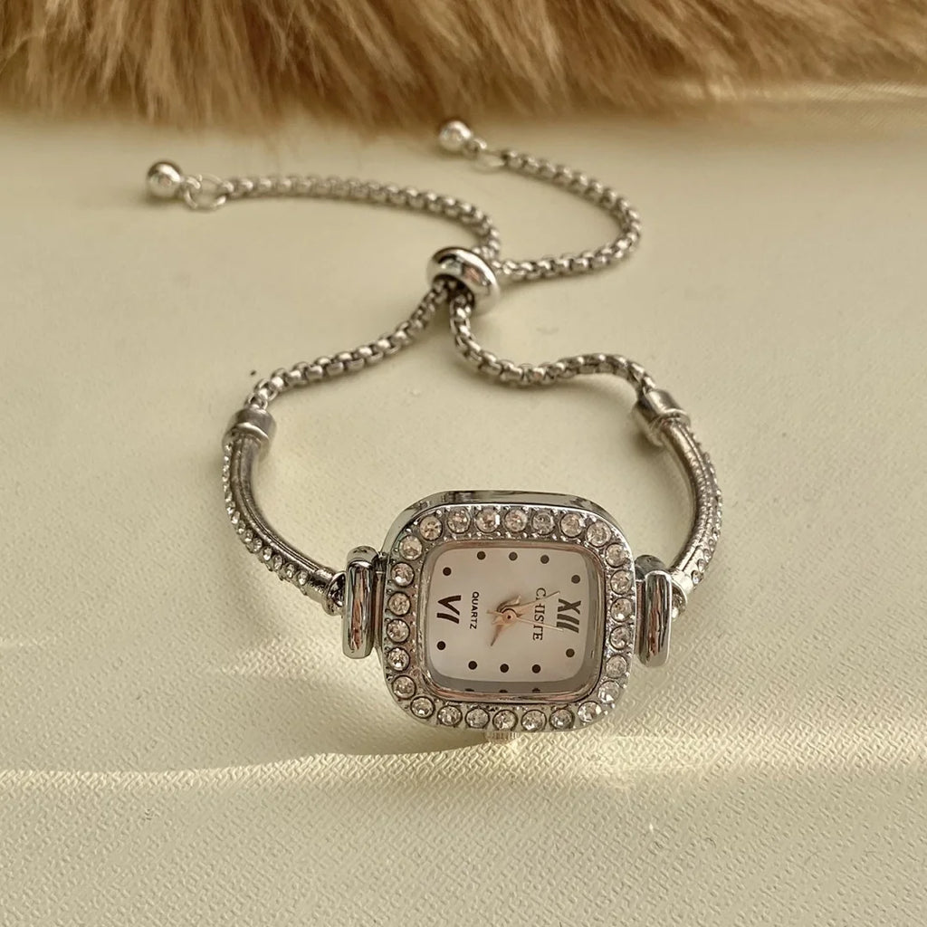 Rose Gold Silver Petite Bracelet Watch for Women, Gifts for Girlfriend Diamond Dress Analog square Watch