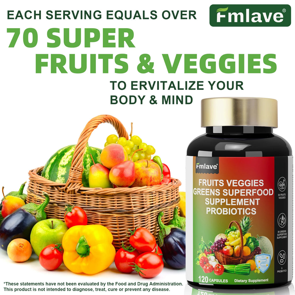 Fmlave Fruits and Veggies Supplement Reds & Green Superfood - Balance of Over 70 Fruit & Vegetable Supplements Capsules with Probiotics Prebiotics Digestive --120Caplules