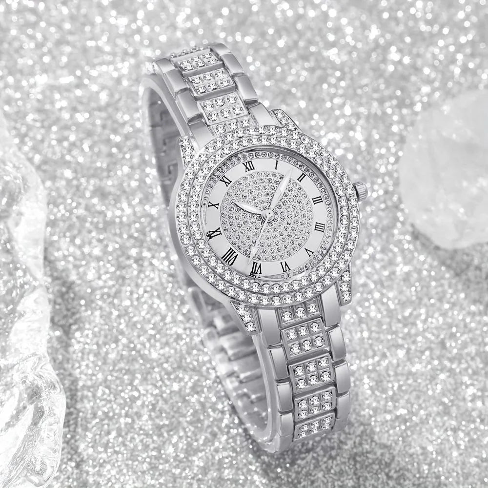 5PCS Luxury Women Roma Dial Quartz Watch Fashion Diamond Ladies Wristwatch Jewelry Set Reloj Mujer Girls Clock (Without Box)