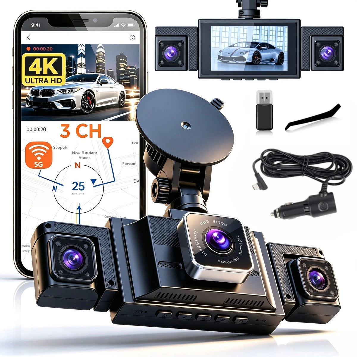 M350 3 Channel Dash Cam, 4K Front 1080P Inside, WiFi IR Night Vision Cabin Camera, Works with Apple Find My, 24/7 Recording, NO TF Card Included