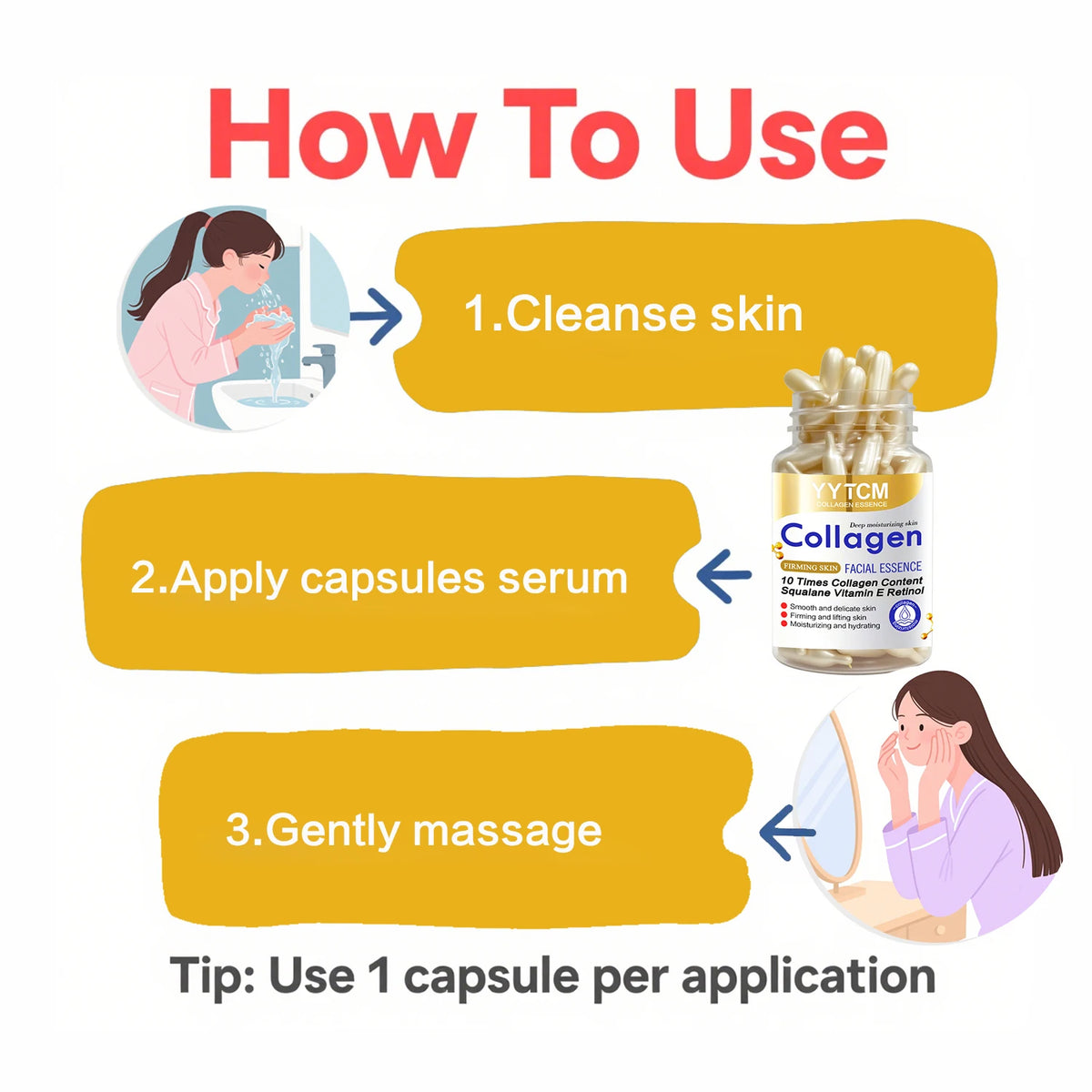 Collagen Firming Capsule Essence, Moisturizing and Smoothing the Skin, Contains Plant-Based Squalane, Retinol, and Vitamin E for Deep Hydration. 18 Capsules/30 Capsules/48 Capsules/60 Capsules/90 Capsules/120 Capsules