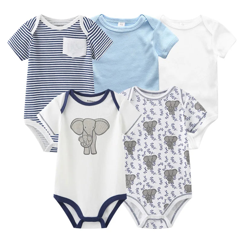 Newborn Bodysuits Unisex 5Pieces Baby Girl Clothes Solid Color Cotton Baby Boy Clothes Set Cartoon Print Summer Bebes