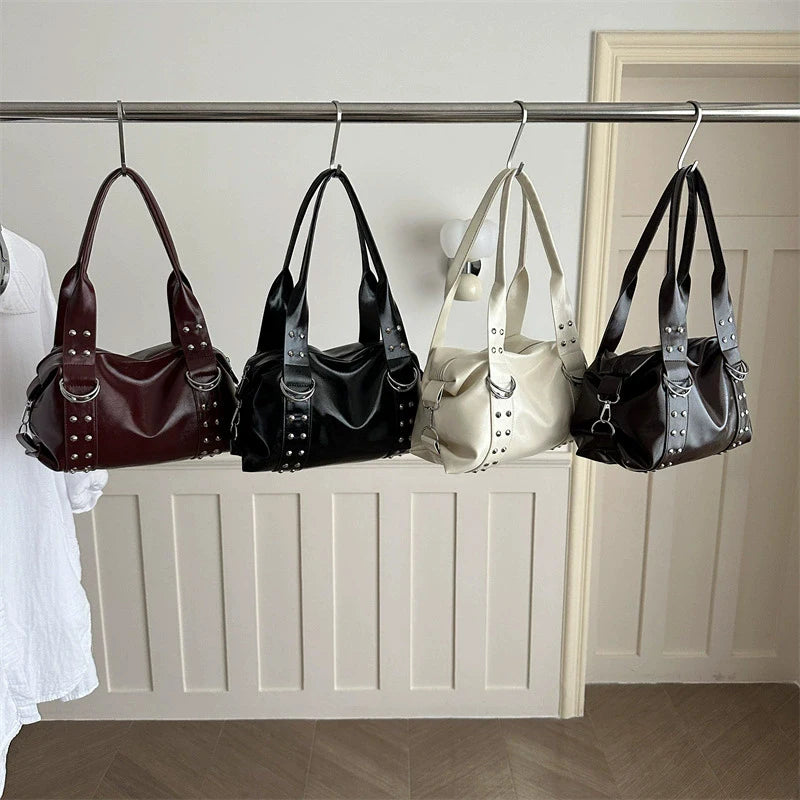 High Quality PU Leather Women's Shoulder Bag Large Capacity Y2K Underarm Bag Fashion Rivet Women Daily Boston Handbag