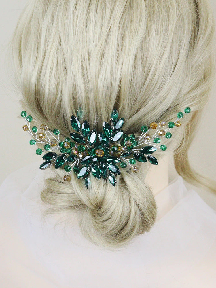 Green Crystal Bride Hair Comb Rhinestone Wedding Head Jewelry Bridal Hair Accessories for Women and Girls Bridesmaid Decor Gifts