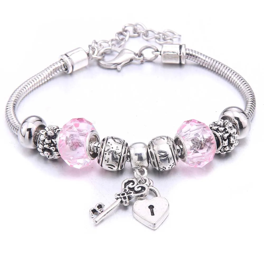 Pink Charm Bangle Lobster Buckle Snake Chain Beaded Bangles For Women Summer Romantic Gift Fashion Butterfly Bracelet Jewelry