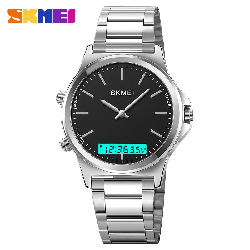 SKMEI 2120 Digital Quartz Watch for Men Waterproof Sport Dual Display Stainless Steel Mens Wristwatches Alarm Clock Reloj Hombre