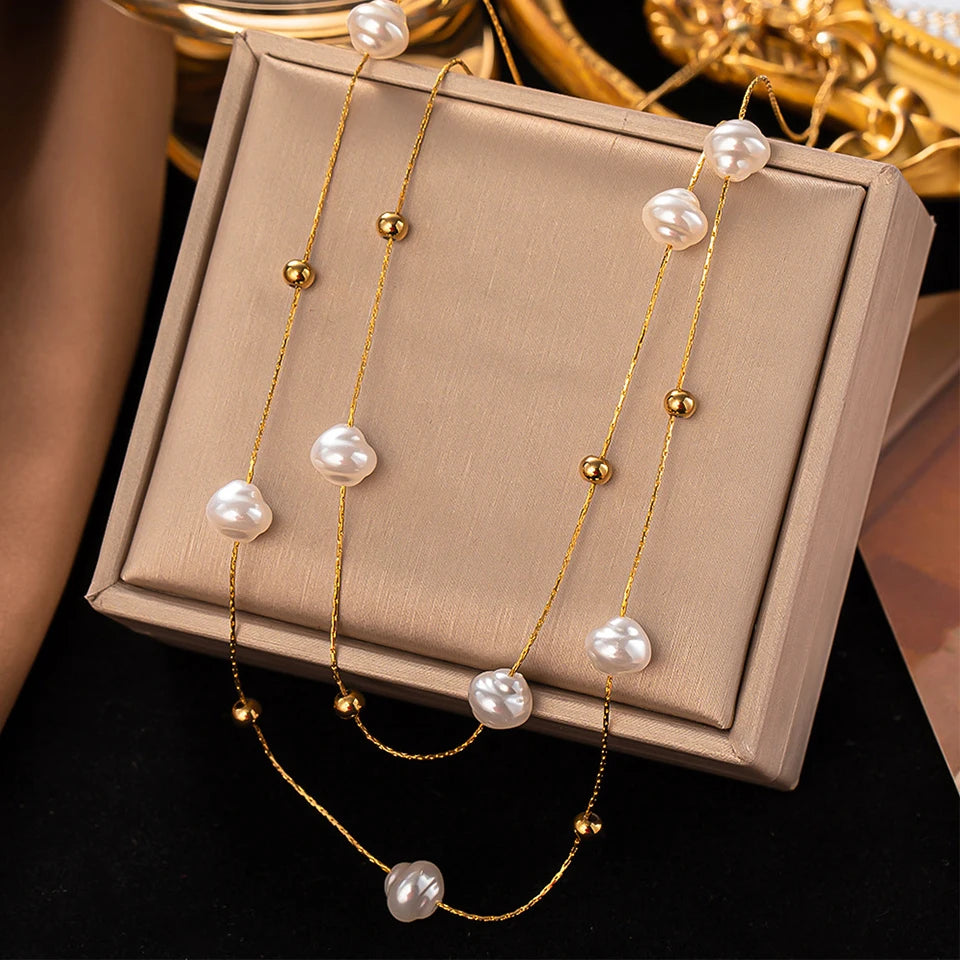 Yupsk 316L Stainless Steel Double Layer Pearl Choker Necklace for Women 2in1 Chains Necklaces Bridal Wedding Party Jewelry