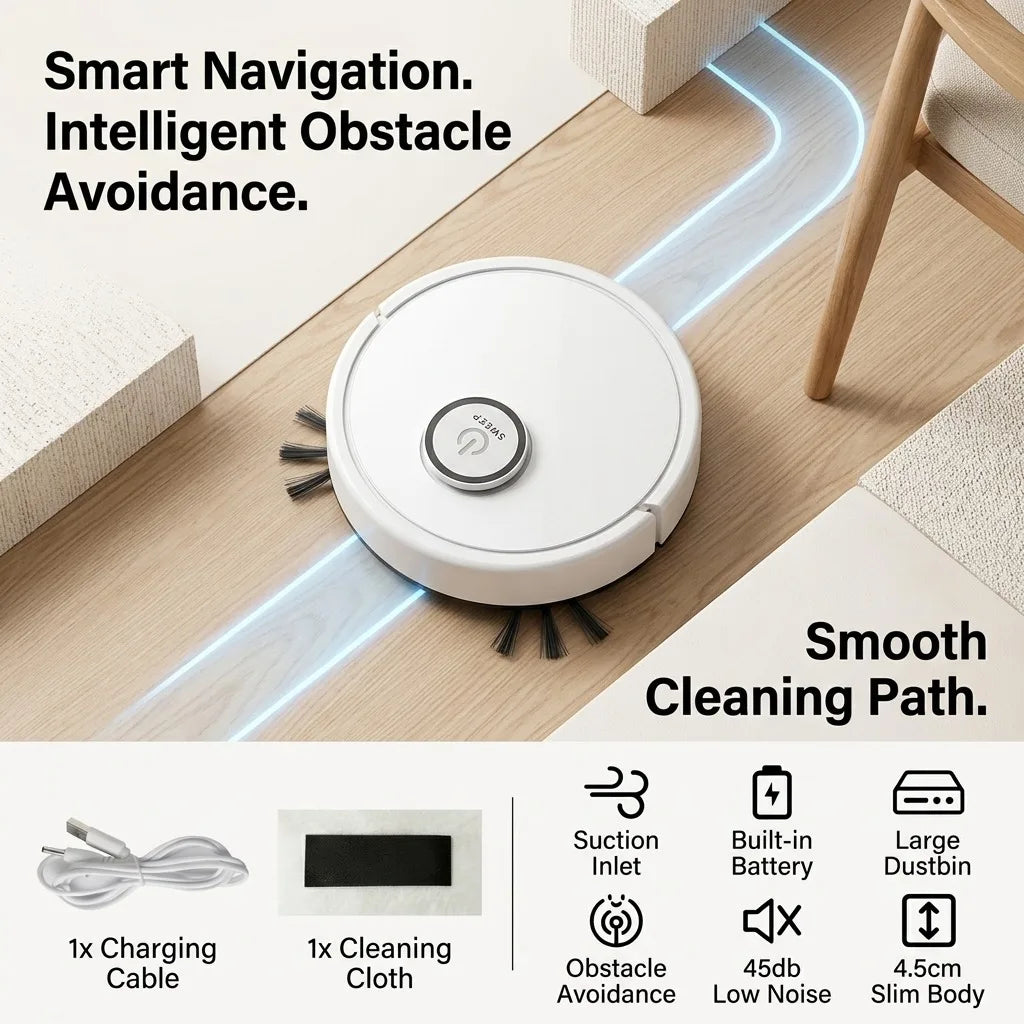 Robot Vacuum Cleaner, 4.5cm Ultra-Slim Robotic Vacuum for Pet Hair & Hard Floor, 45dB Quiet Automatic Floor Sweeper with 50-Min Runtime, Smart Obstacle Avoidance Mini Sweeping Robot for Home & Office