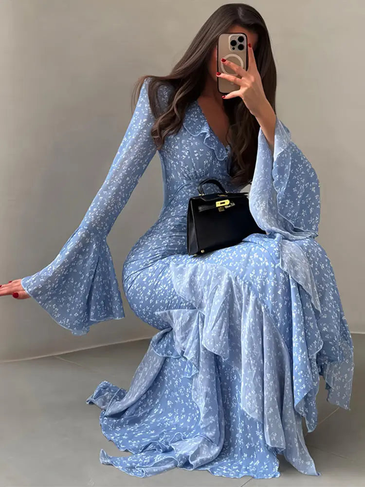 Women Printed V Neck Long Dress Flared Sleeve Lotus Leaf Edge High Waist Slim Fit Maxi Dresses Lady Elegant Evening Party Dress
