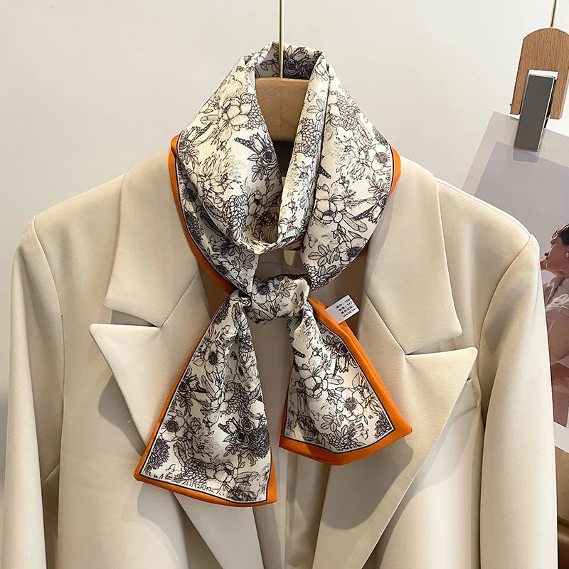 Floral Print 12*145cm Long Ribbon Silk Scarf Women Neck Scarves Headband Female Skinny Neckerchief Hair Band Neck Tie Bag Ribbon